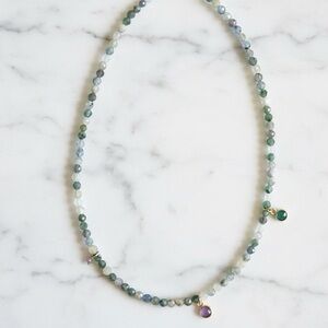 Kyanite choker necklace w/gold plated emerald, amethyst & tanzanite charms